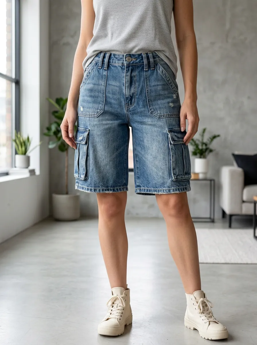 Women's Classic Casual Distressed Denim Cargo Shorts Cargo Denim Shorts