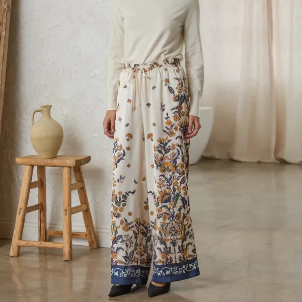 Floral Border Satin Pants