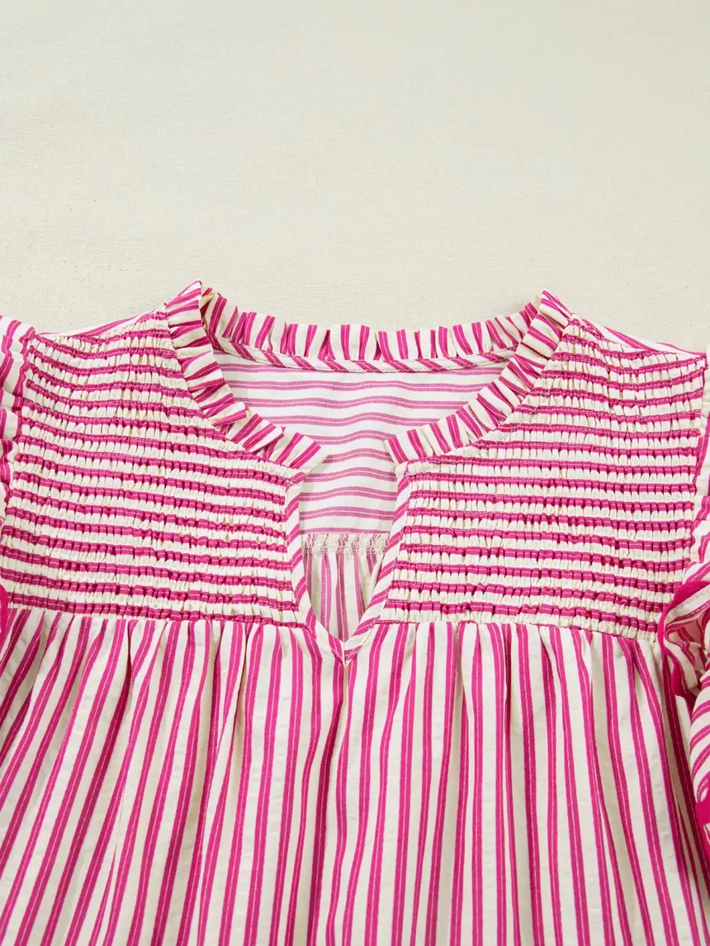 Stripe Shirred Yoke Ruffled Short Sleeve Blouse