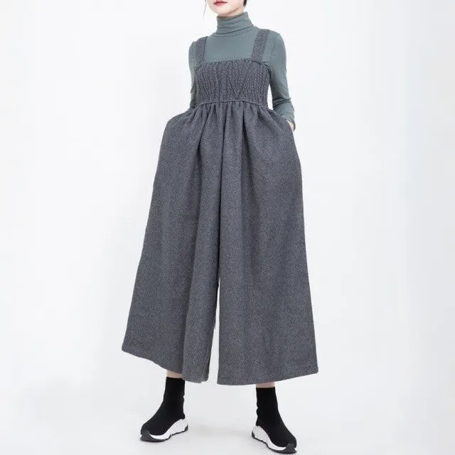 Minimal Wool Cotton Loose Jumpsuit Wide Leg Bib Pants