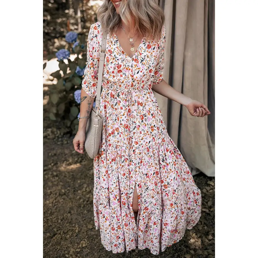 Boho Half Sleeve Floral V Neck Maxi Dress
