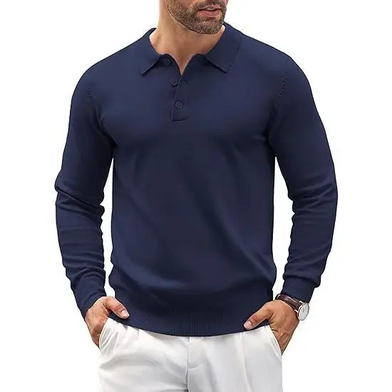 🧵 Men’s Soft Knit Long Sleeve Polo Shirt – Classic Style, Modern Comfort
