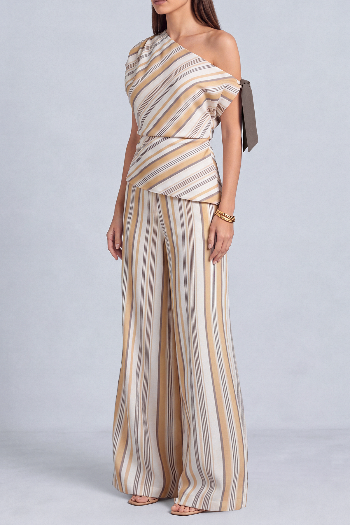 One Shoulder Striped Matching Pants Set