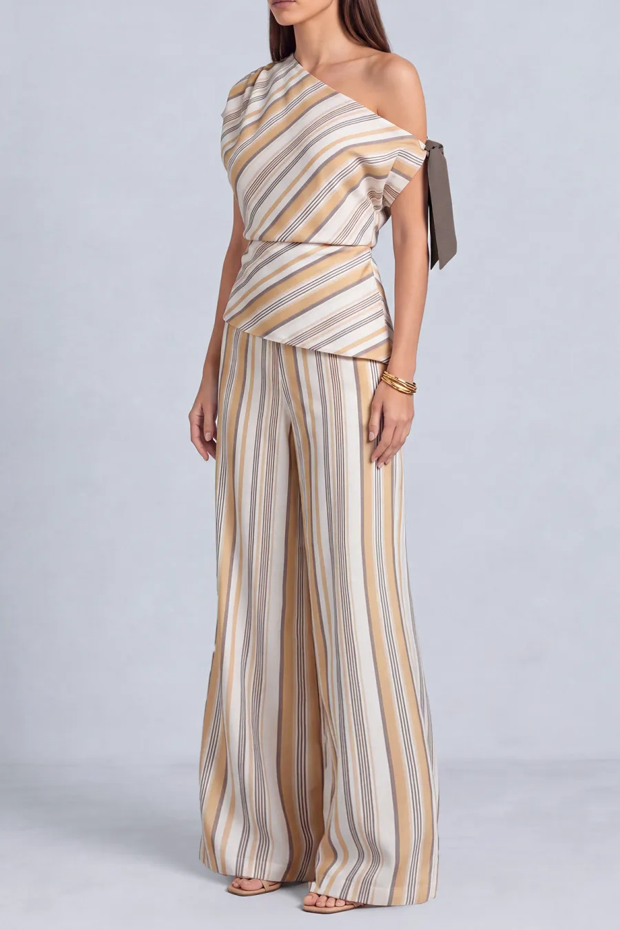 One Shoulder Striped Matching Pants Set