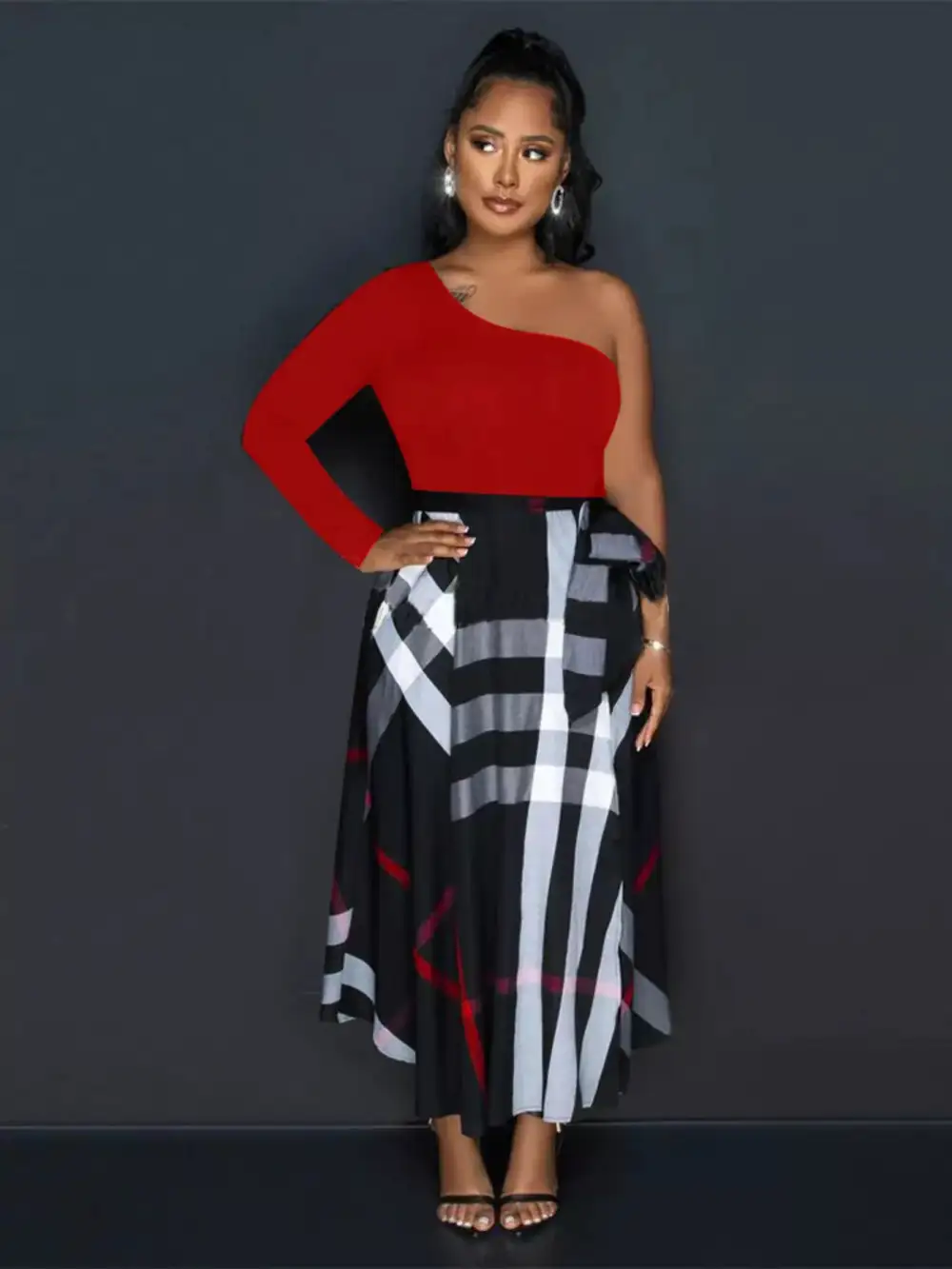 Asymmetrical One-Sleeve Midi Dress with Waist Tie