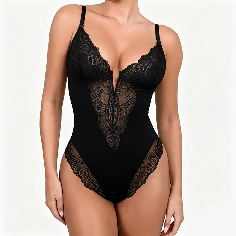 Womens Deep V Lace Bodysuit Built-in Shapewear Breathable Shaping Tops