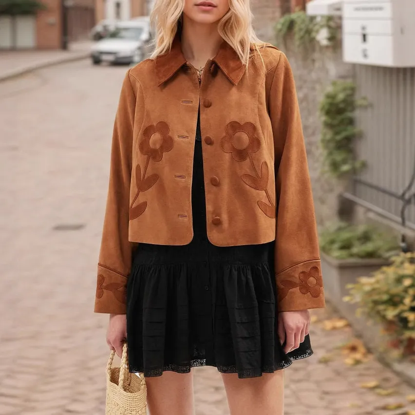 Floral Suede Casual Outerwear Jacket