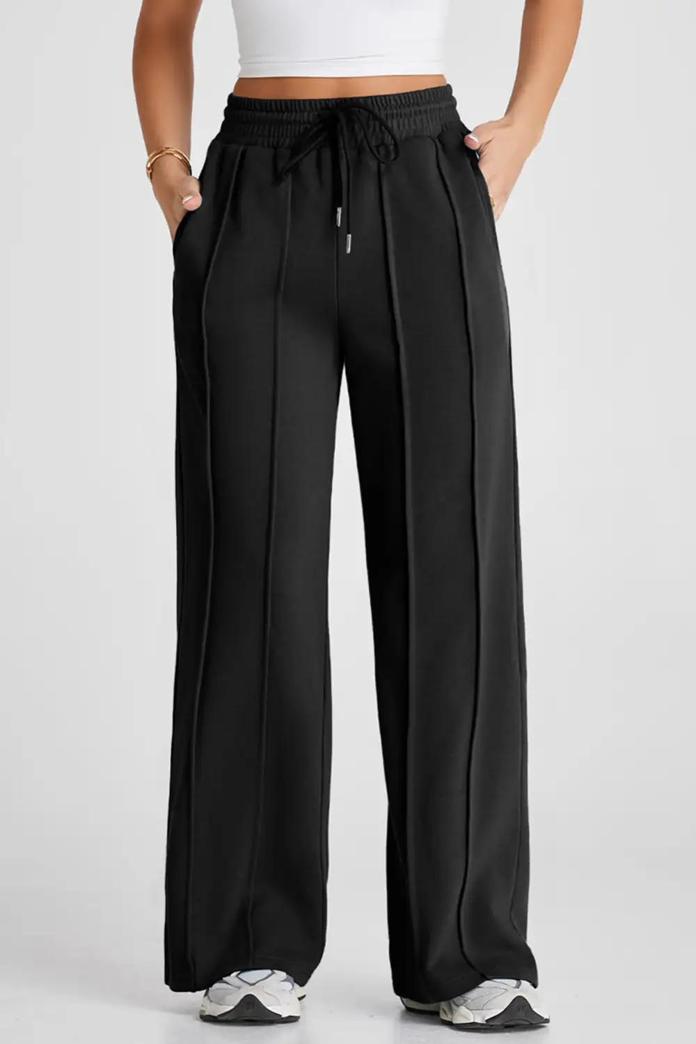High-Waist Wide-Leg Drawstring Seamed Sweatpants