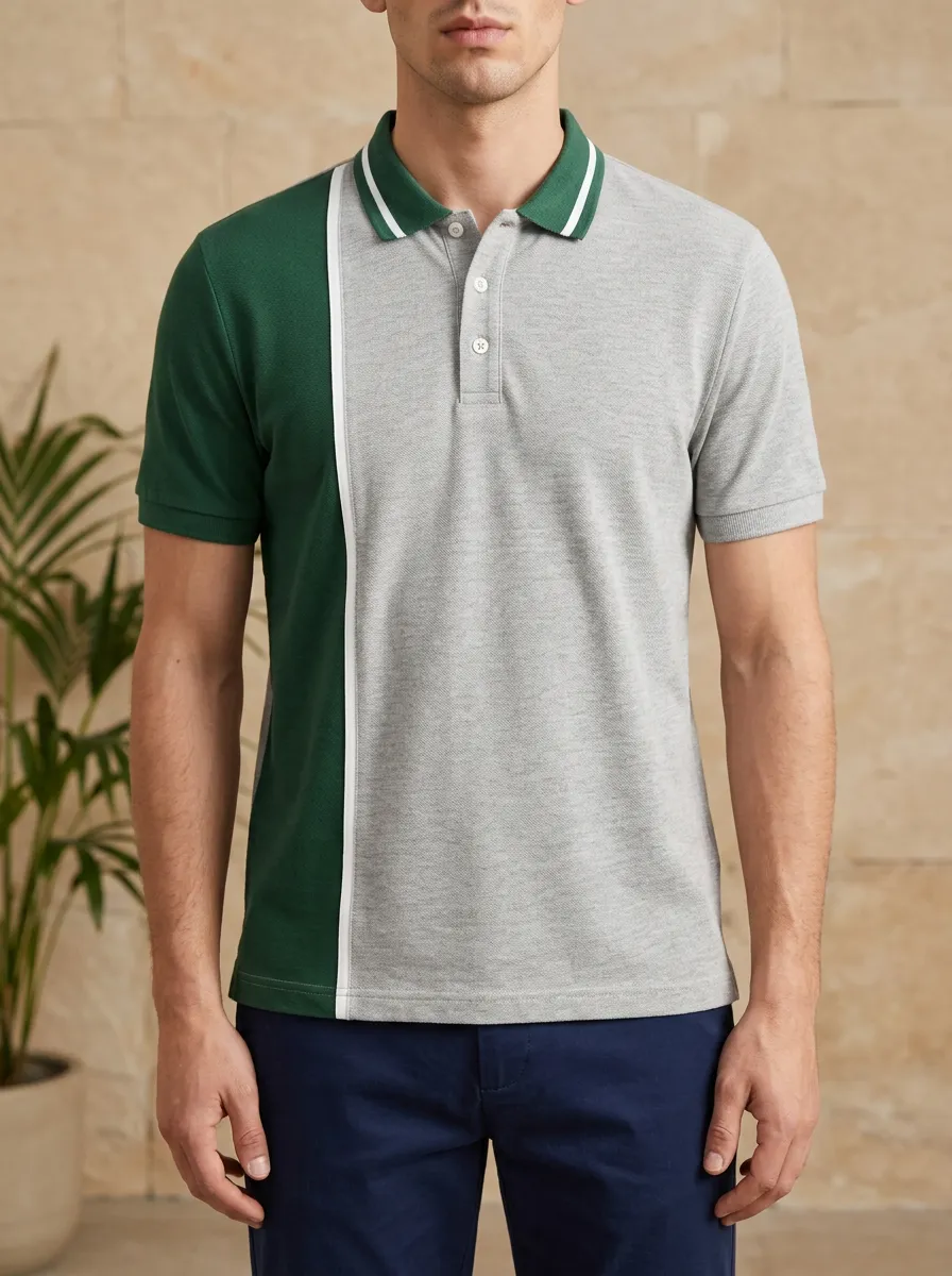 Men's Knit Ribbed Textured Vertical-Stripe Colorblock Contrast-Panel Polo Shirt