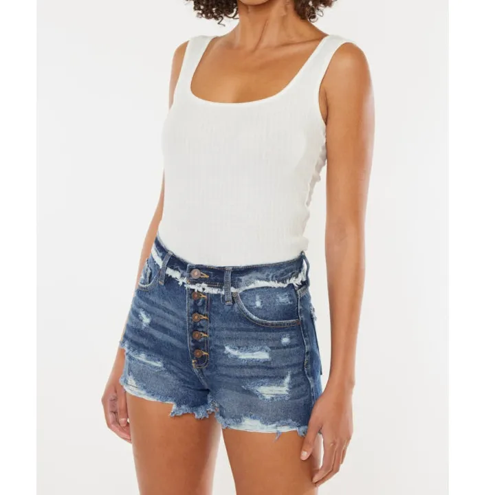 Distressed Button Fly Denim Shorts