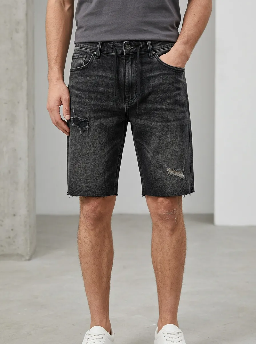 Men's Statement Distressed Raw Hem Street Inspired Distressed Denim Shorts