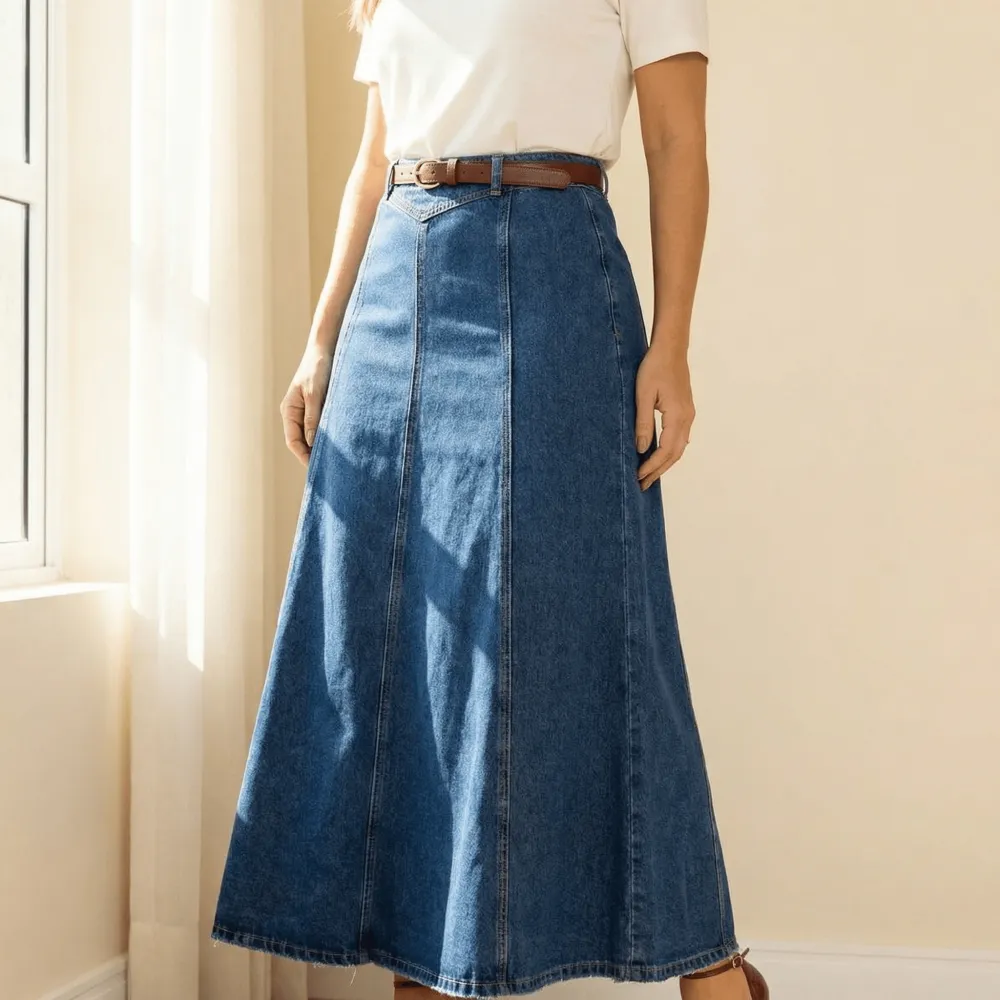 Flattering High Waist Denim Maxi Skirt Jeans