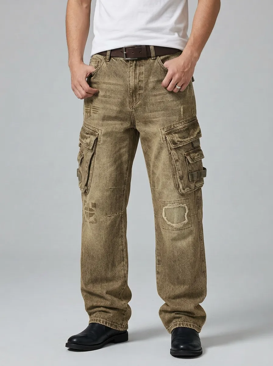 Men's Distressed Denim Graphic Printed Cargo Pants