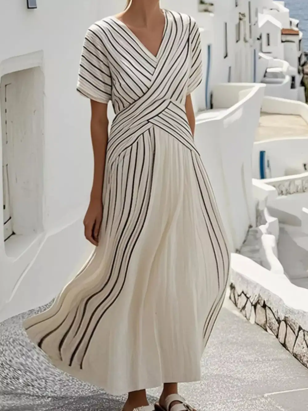 Striped Short Sleeve Wrap Maxi Dress