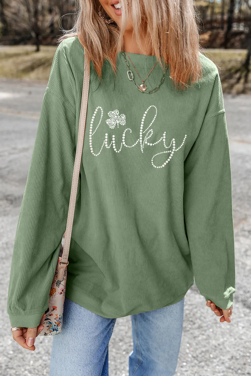 Rhinestone Accent Ribbed Graphic Sweatshirt