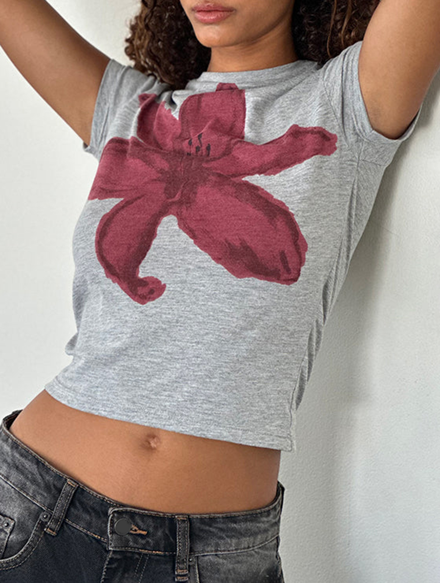 Grey Marl Painted Flower Graphic Tee