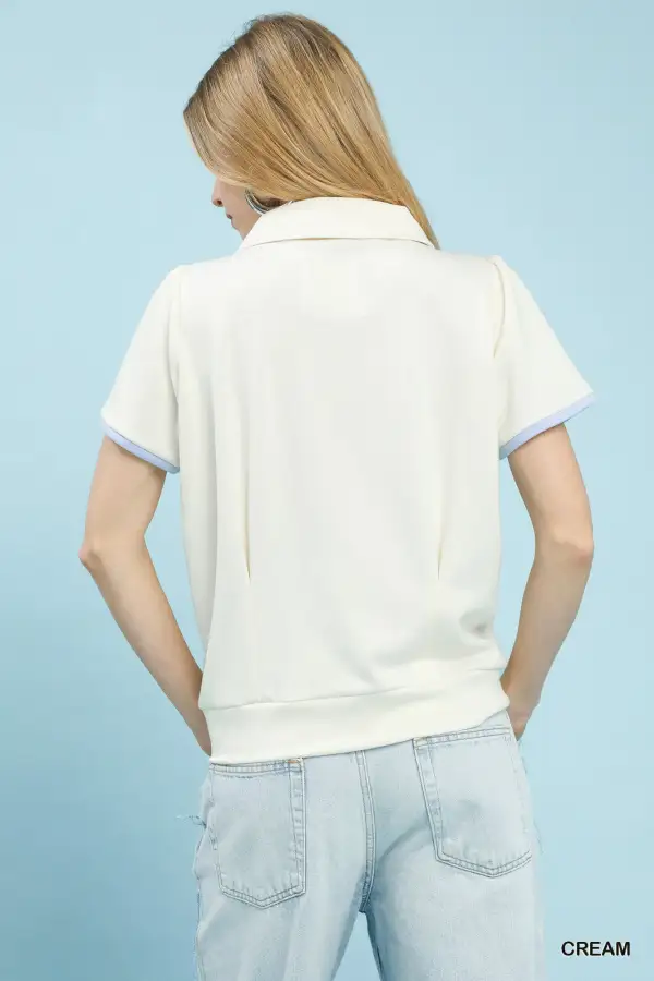 Split V-Neck Short Sleeve Top With Contrast Trim