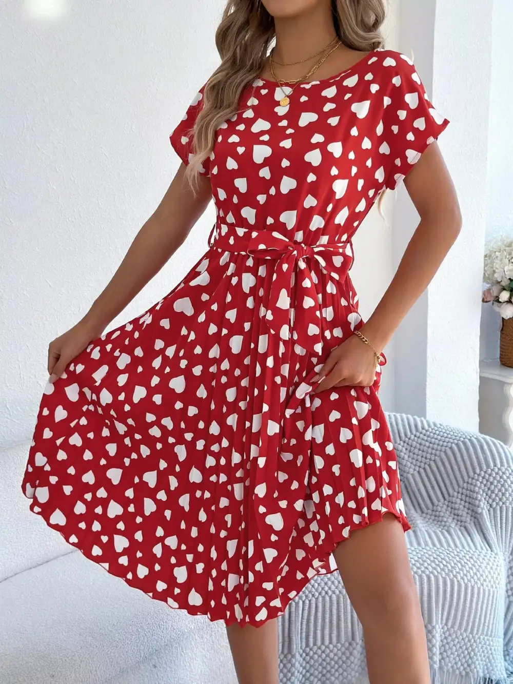 Printed Tie Waist Pleated Midi Dress