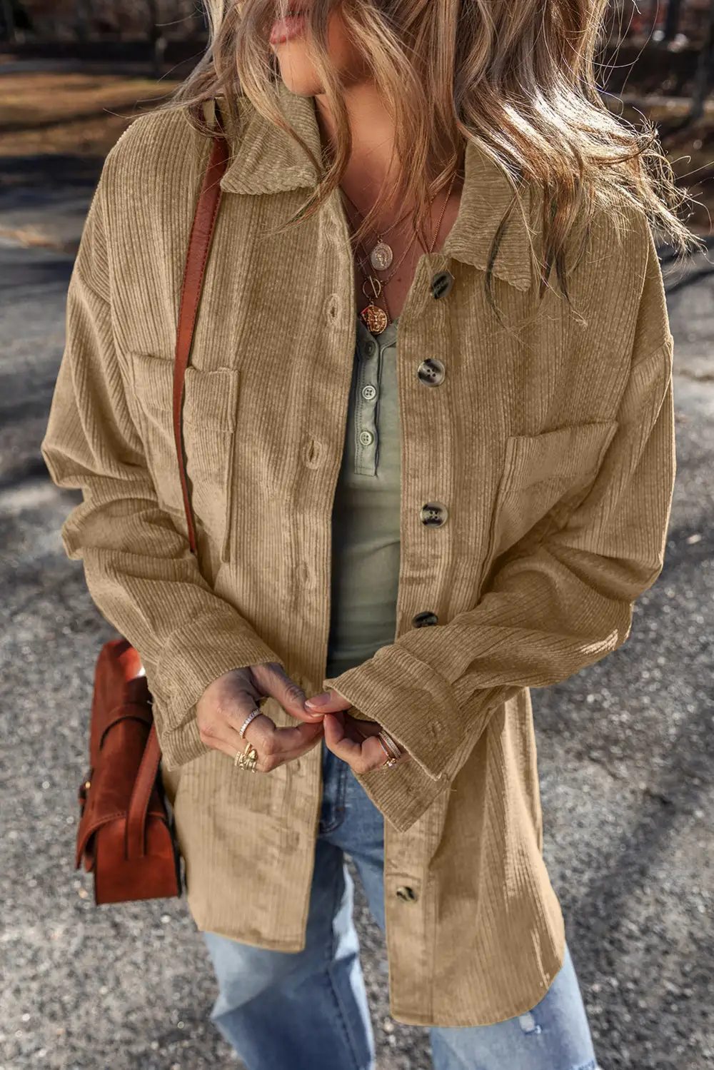 French Patched Pocket Button-Up Corduroy Shirt Jacket