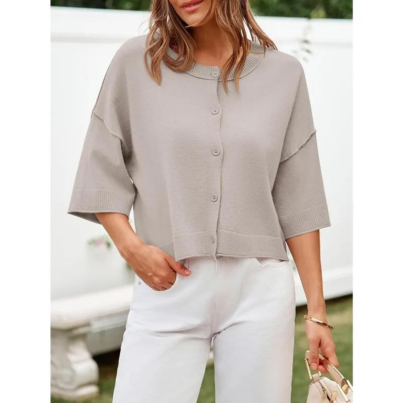 Womens Half Sleeve Cardigan Sweaters Cropped Button Down Tops Oversized Lightweight Ribbed Knit Summer Outfits