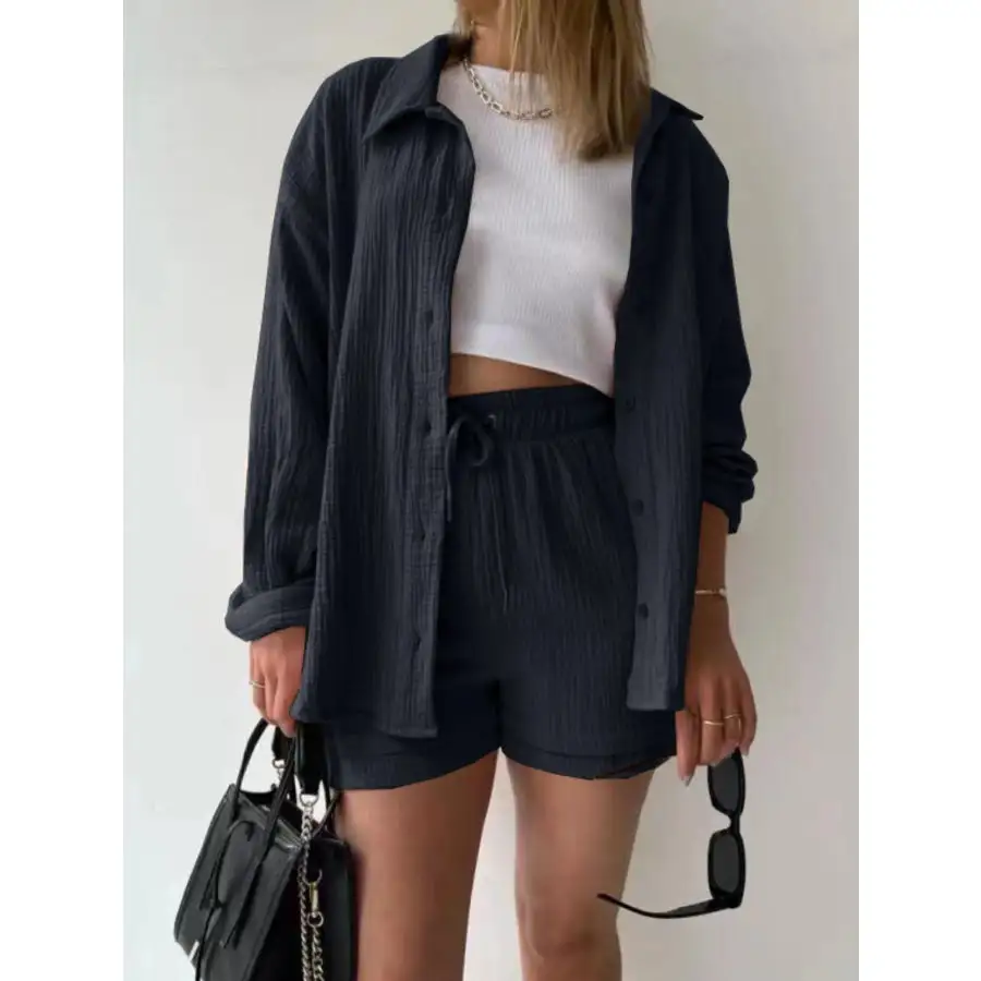 Textured Button Up Shirt and Shorts Set