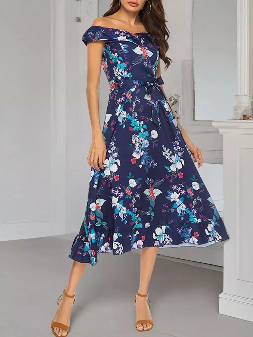 Print Off Shoulder Midi Dress