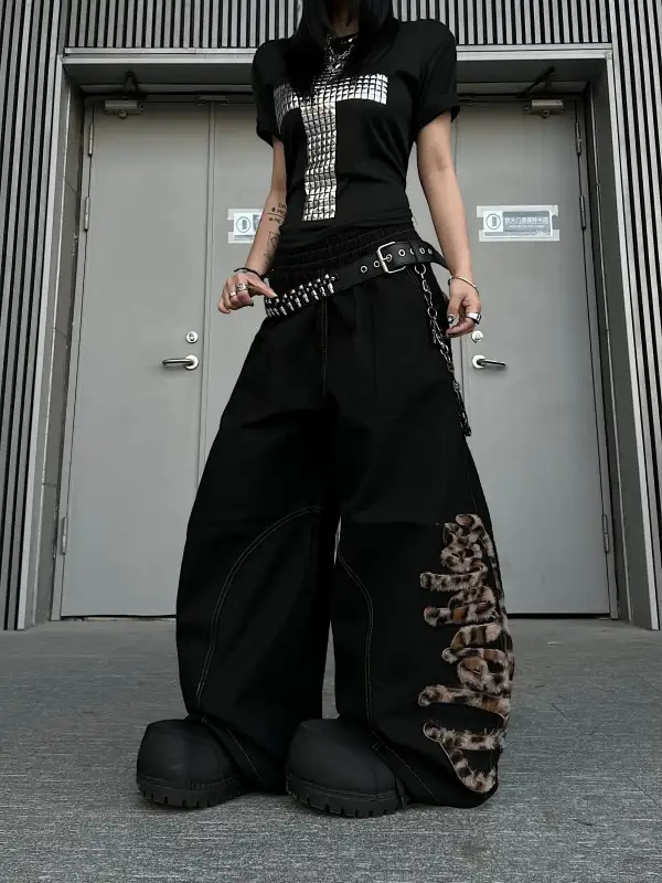 Wide-Leg Embroidered Graphic-Print Jeans