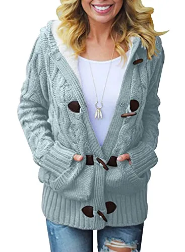 Women Hooded Knit Cardigans Button Cable Sweater Coat