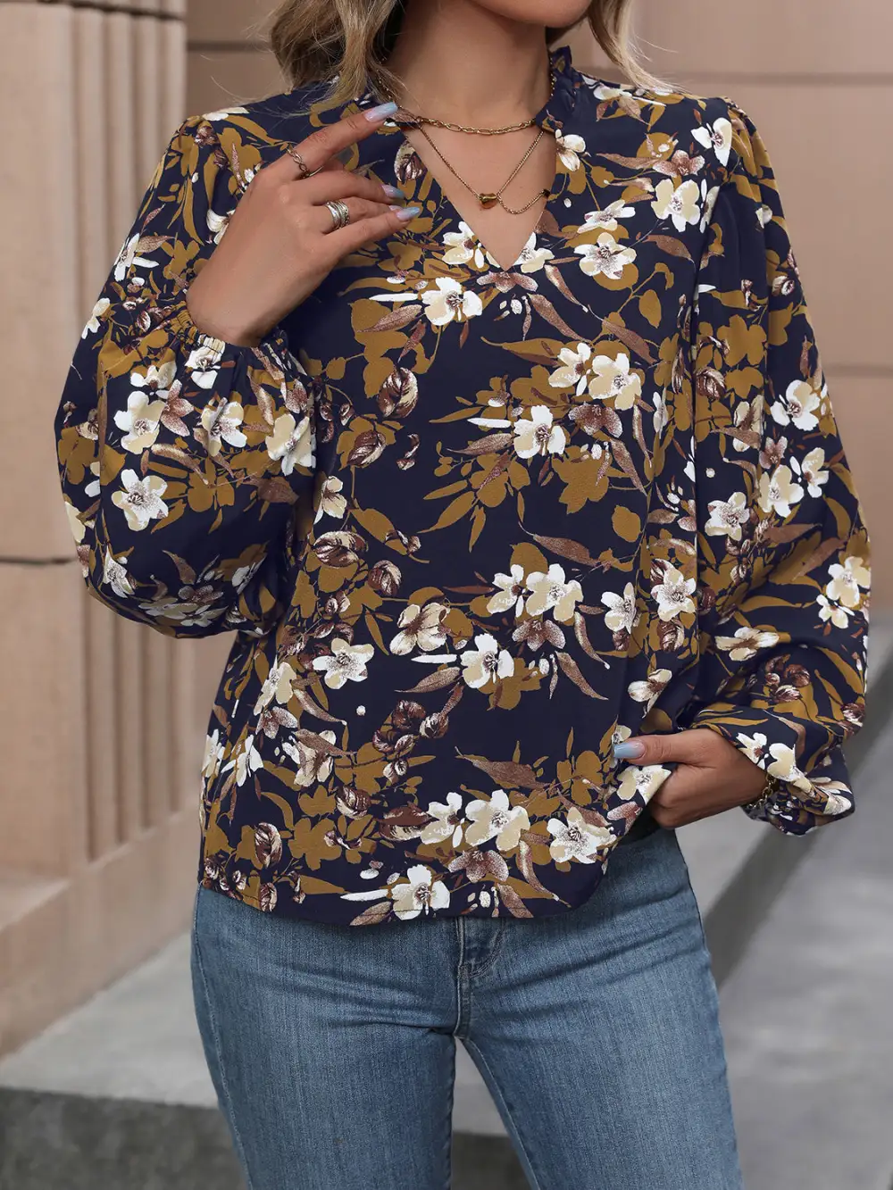 Modern Soft Floral V-Neck Blouse