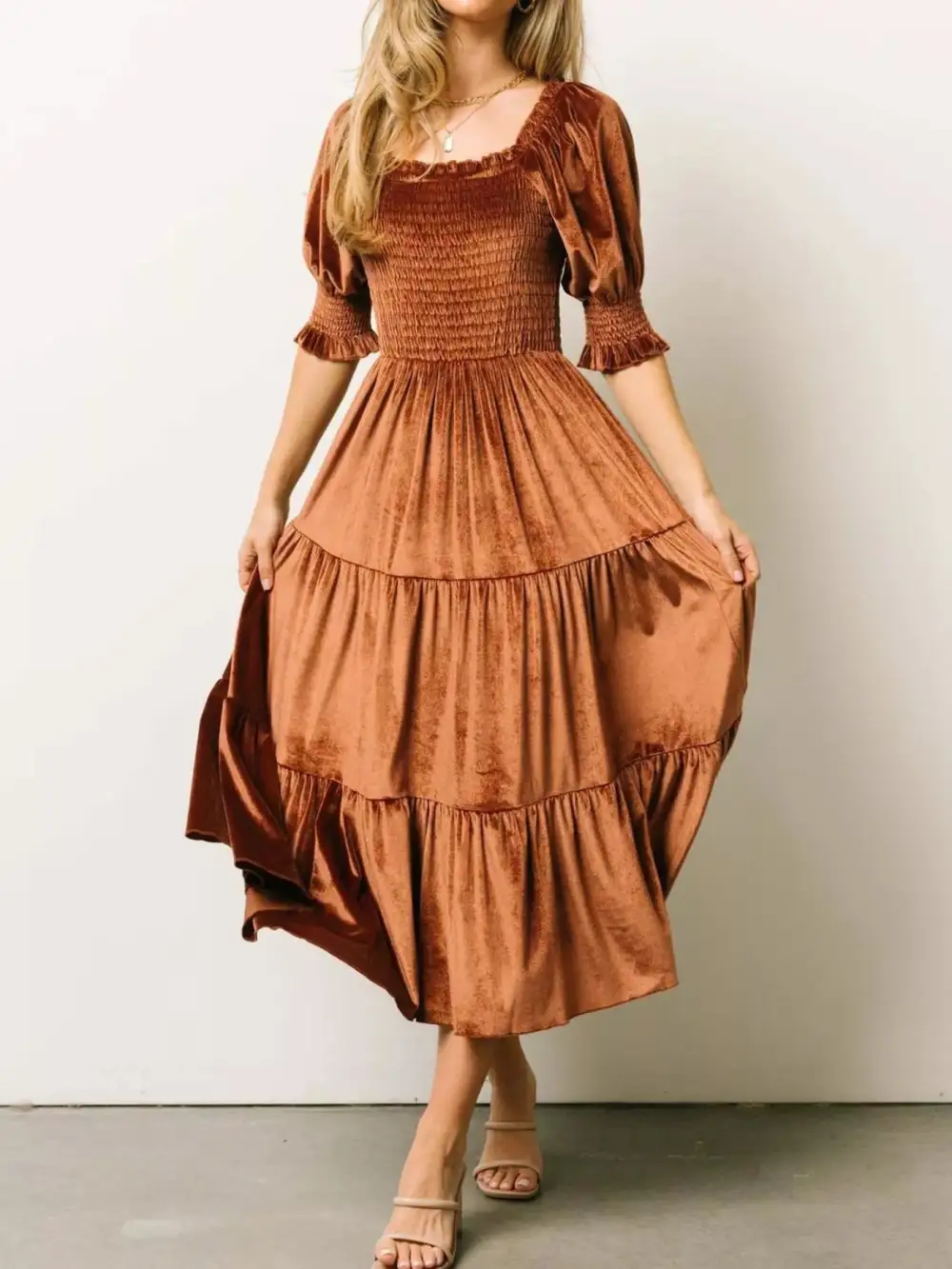 Velvet Tiered Smocked Midi Dress