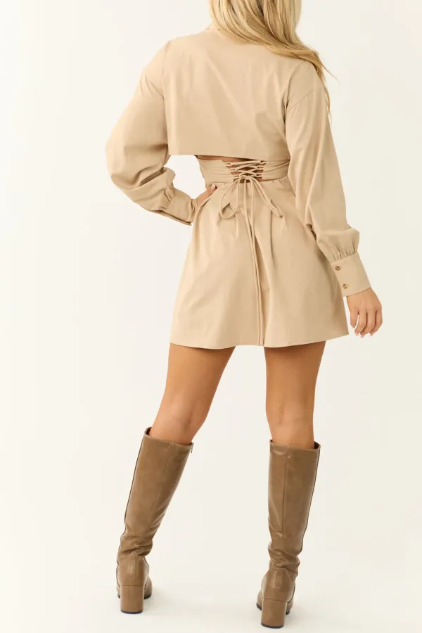 Oatmeal Long Sleeve Back Corset Short Dress