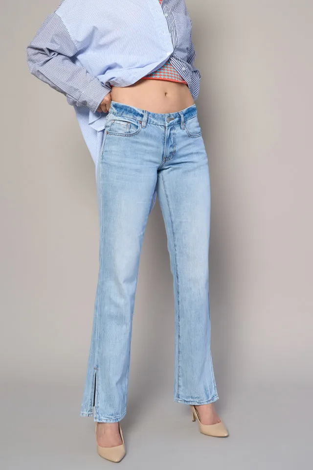 Women's Low Rise Side Slit Slim Straight Rigid Denim Jeans