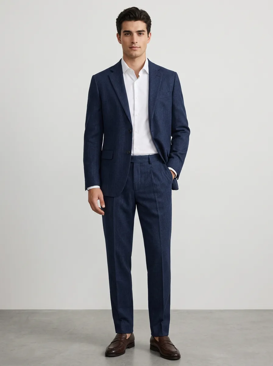 Men's Business Formal Navy Blue Textured Wool Suit Set