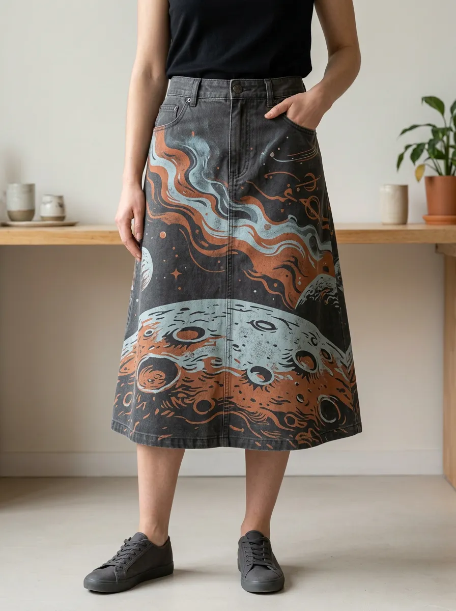 Women's Space Lover Moon Planet Printed Denim Skirt