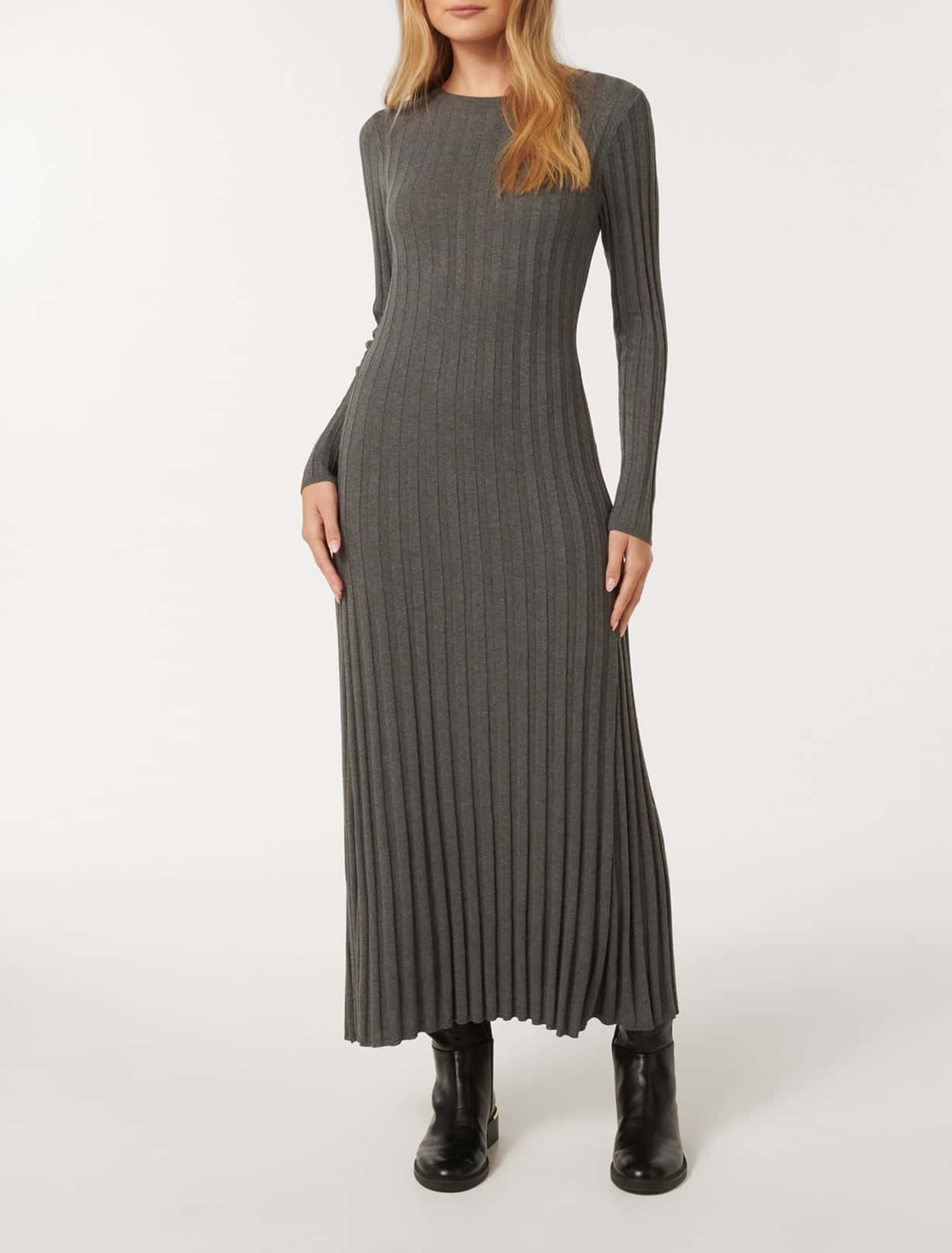 Grey Crew-Neck Knit Dress