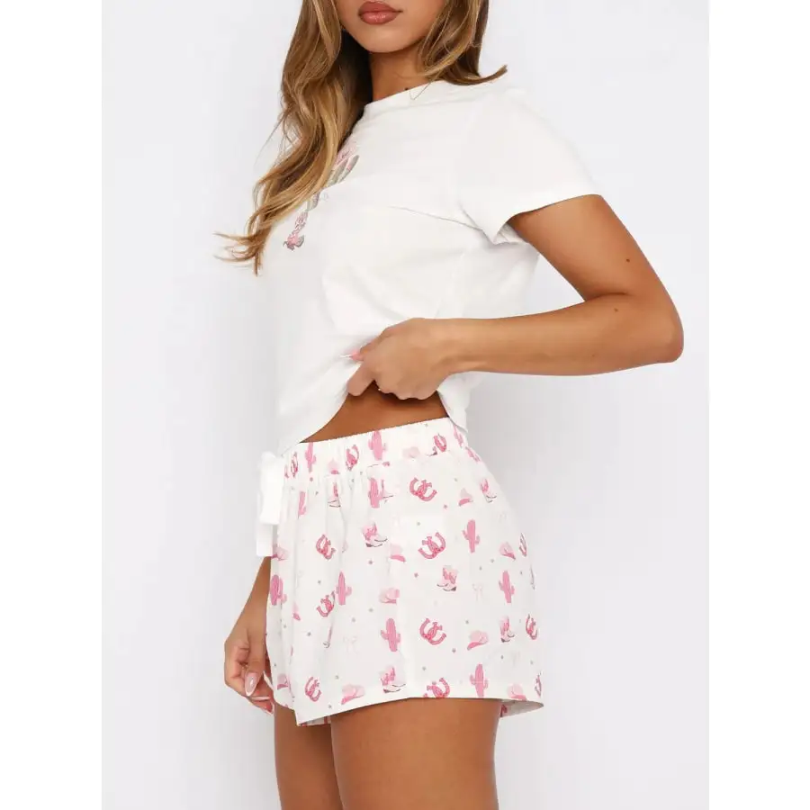 Printed Round Neck Short Sleeve Top and Drawstring Shorts Set