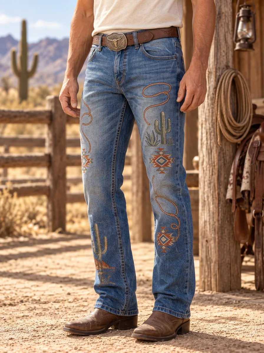 Men's Western Cowboy Cactus Lasso Tribal Printed Jeans