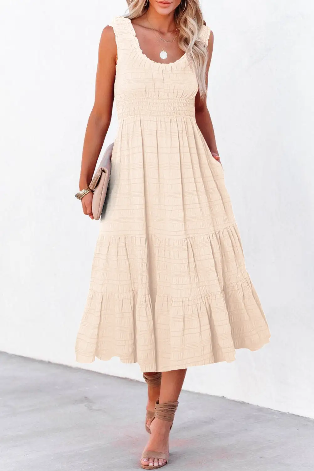 Soft Touch Square Neck Pleated Sleeveless Midi Dress