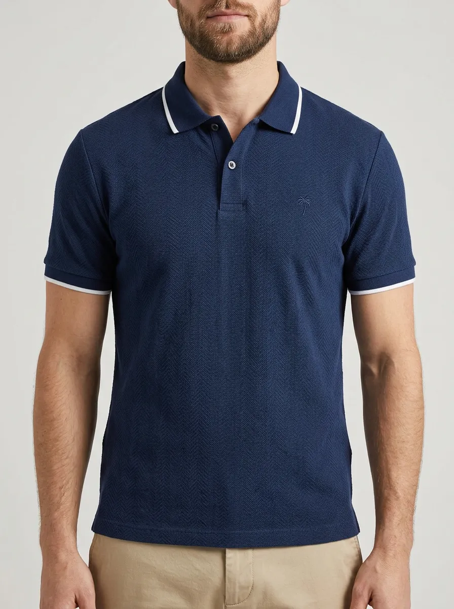 Men's Navy Herringbone Palm Tree Embroidered Polo Shirt