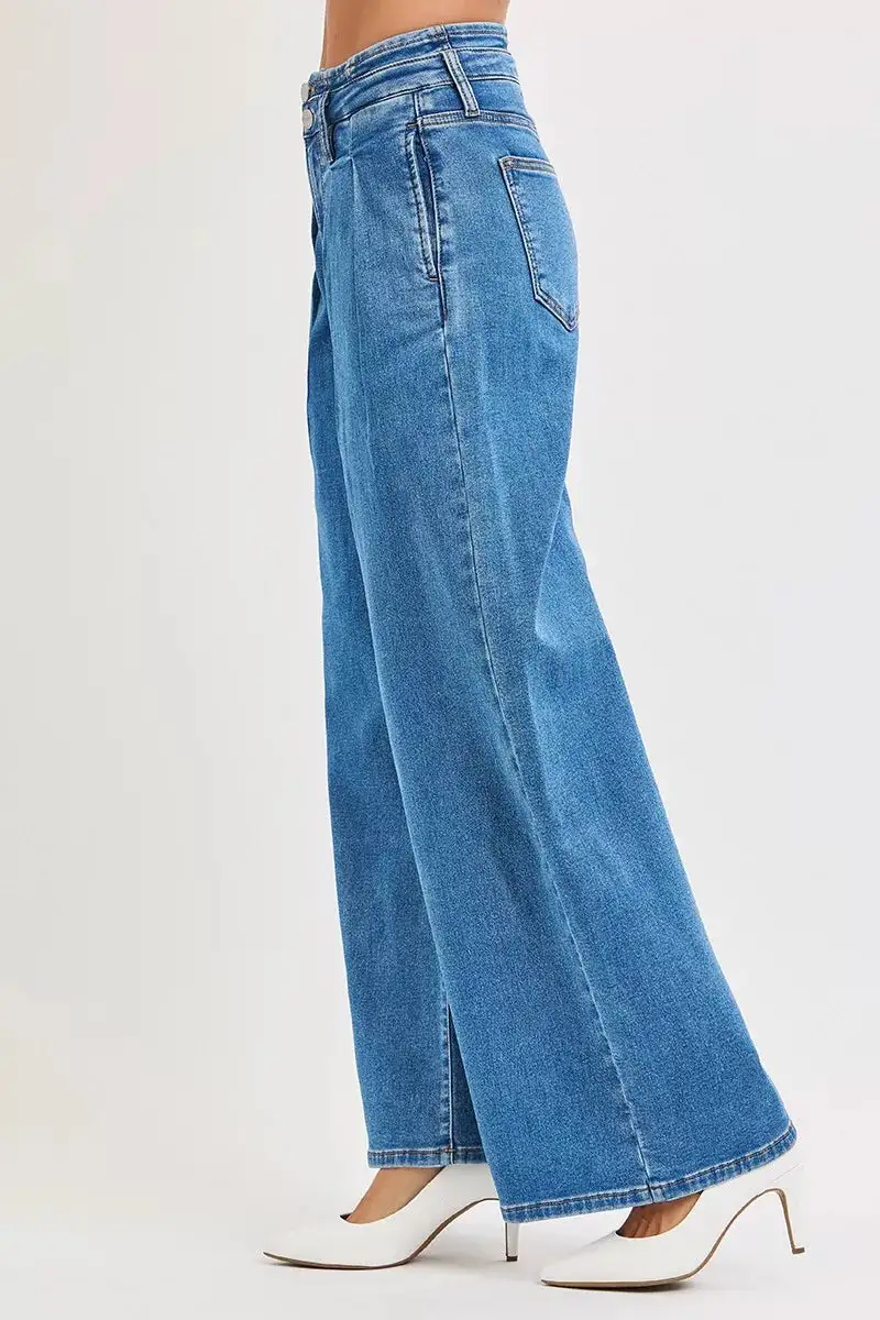 Mid Rise Pleated Wide Leg Jeans