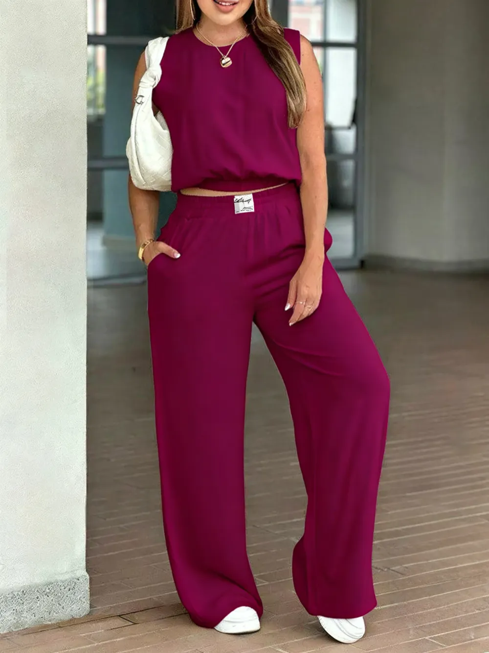 Women's Two-Piece Solid Color Vest And Wide-Leg Pants Set