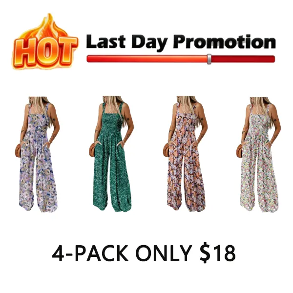 Women's Casual Loose Overalls Jumpsuits One Piece Sleeveless Printed Wide Leg Long Pant Rompers With Pockets Bohemian Womenswear