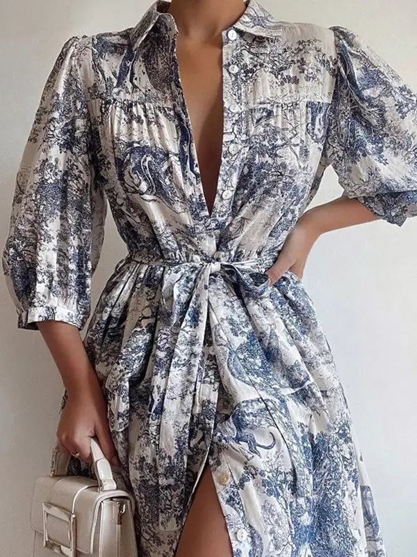 Relaxed Puff Sleeve Pleated Printed Split Joint Tied Waist Lapel Mini