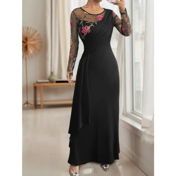 Floral Mesh Sleeve Ruched Maxi Dress