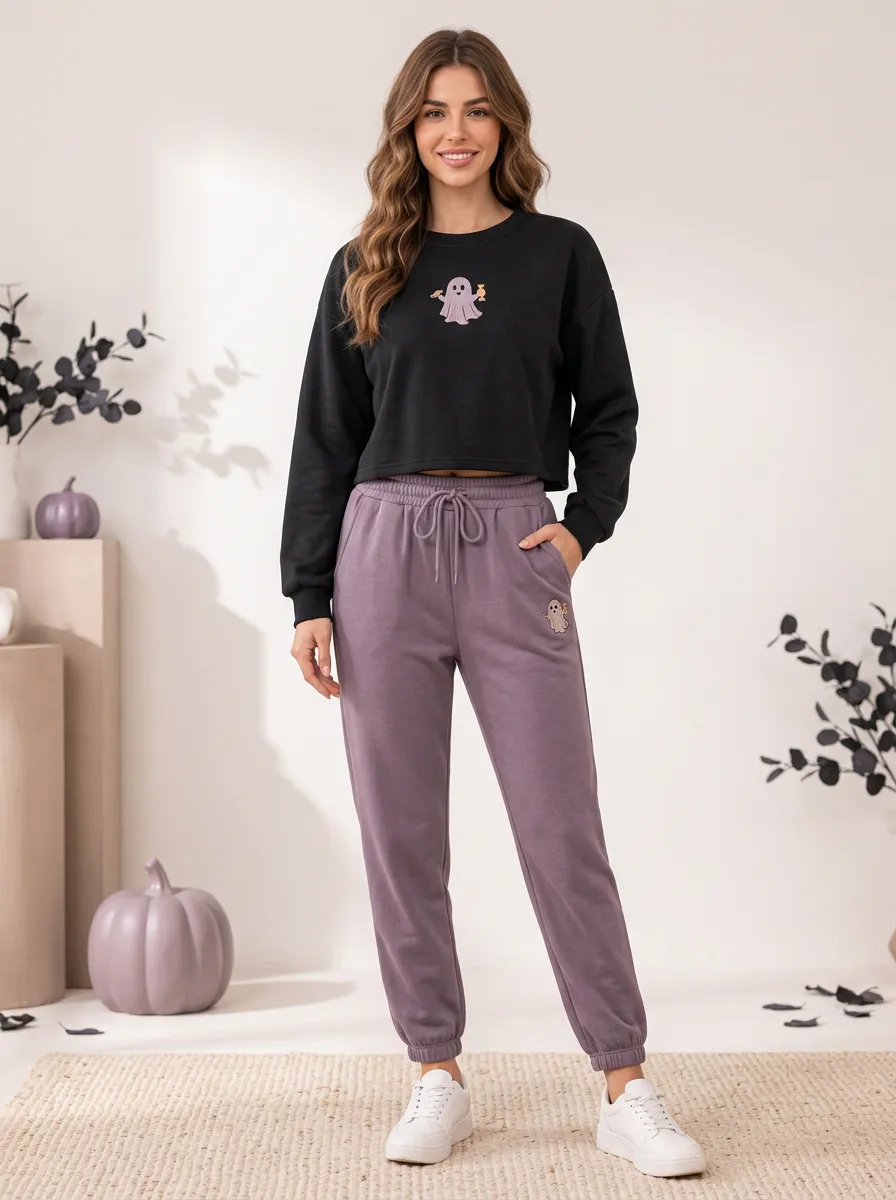 Women's Ghost-Candy Embroidered Cropped-Sweatshirt & Joggers Two-Piece Set