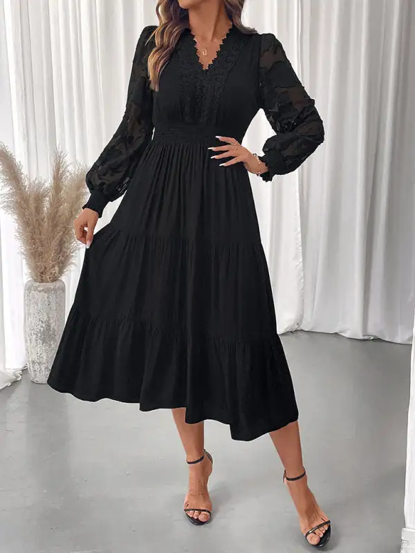 Finish Lace V Neck Long Sleeve Dress