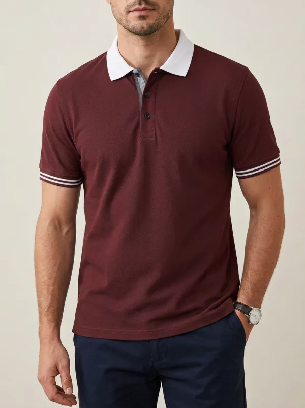 Men's Herringbone Knit Ribbed Textured Striped Contrast-Collar Tipped-Sleeve Polo Shirt