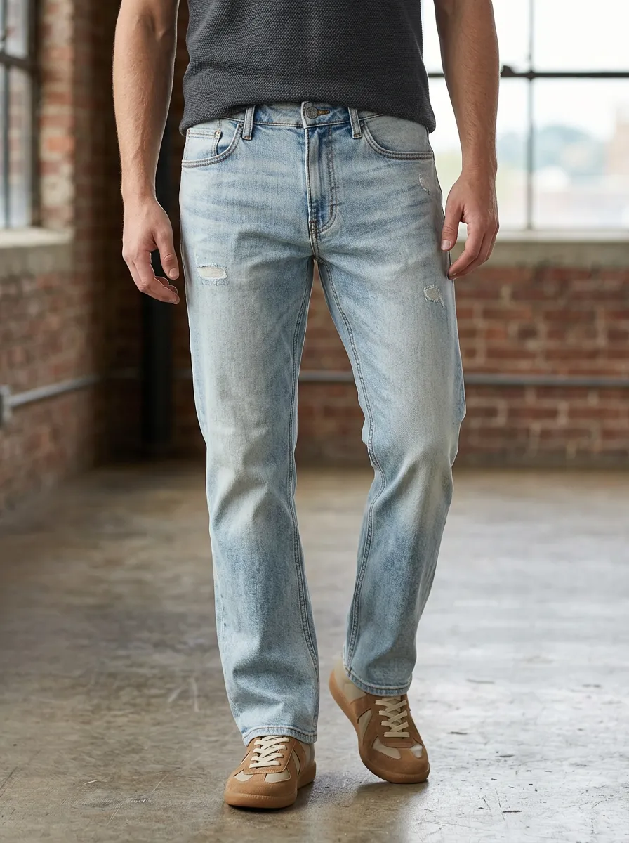 Men's Light Wash Distressed Denim Slim Fit Jeans