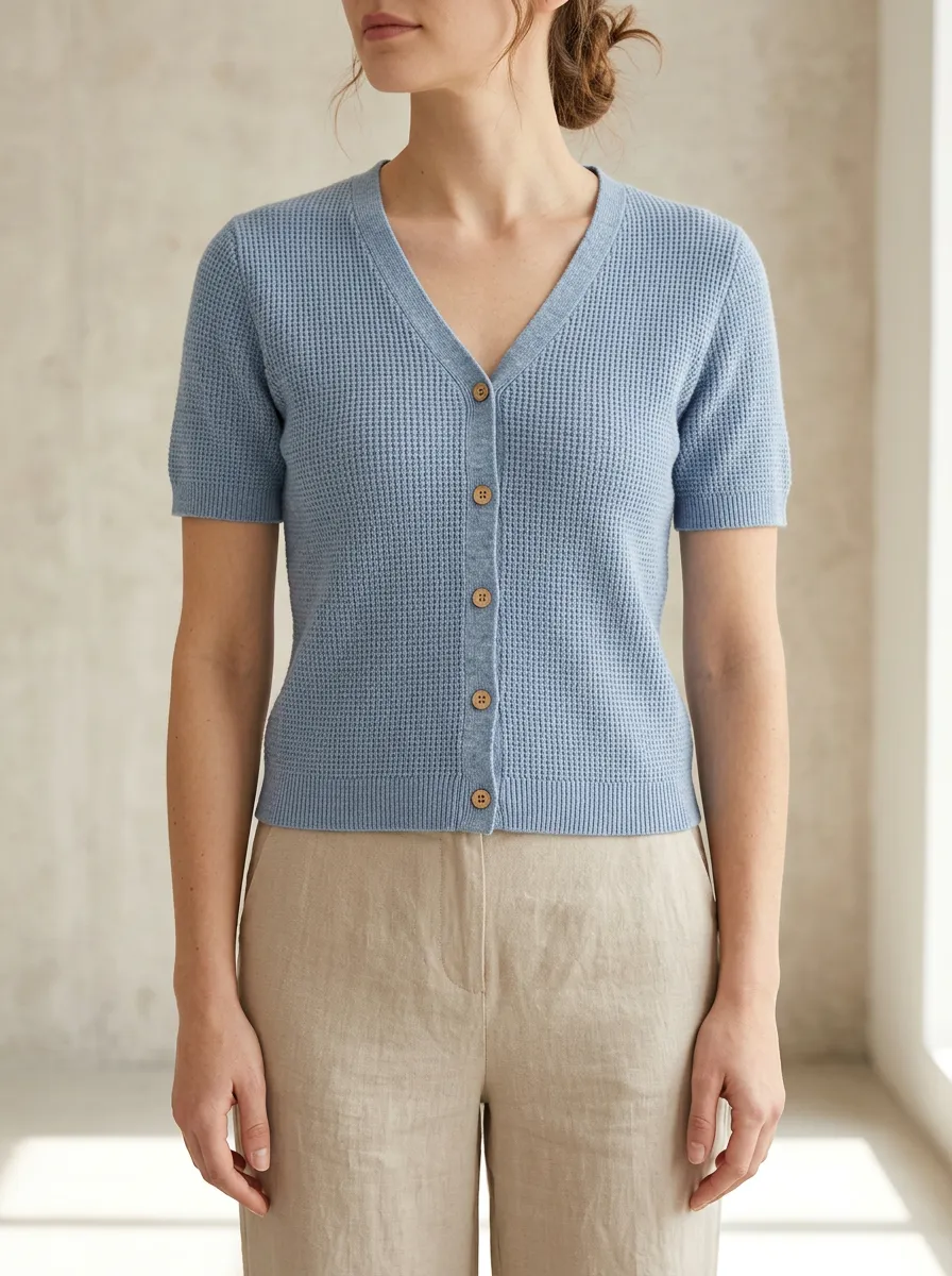 Women's Short-Sleeve Button-Down Waffle Knit T-Shirt