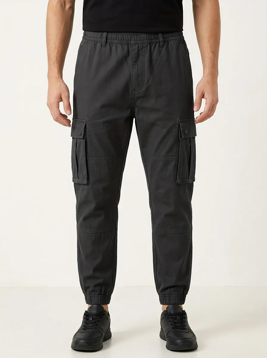 Outdoor Elastic-Waist Solid-Style Men's Cargo Pants